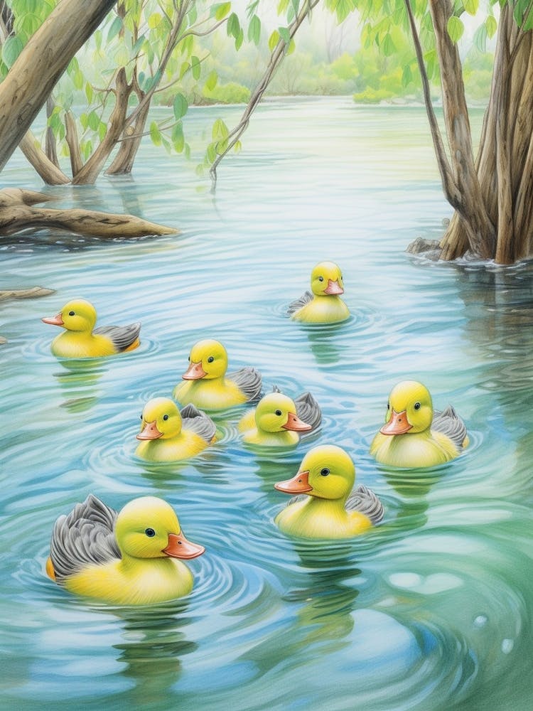 Canetons Nageant dans la Rivière Illustration au Crayon 3