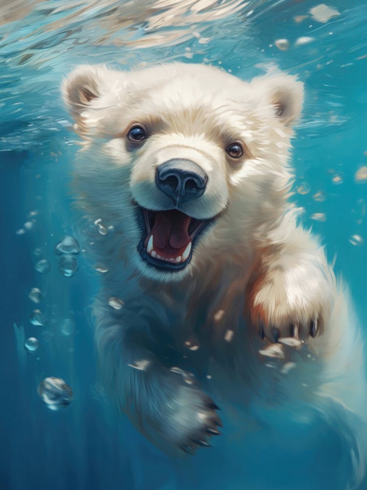 Cute Baby Polar Bear Swimming under Water