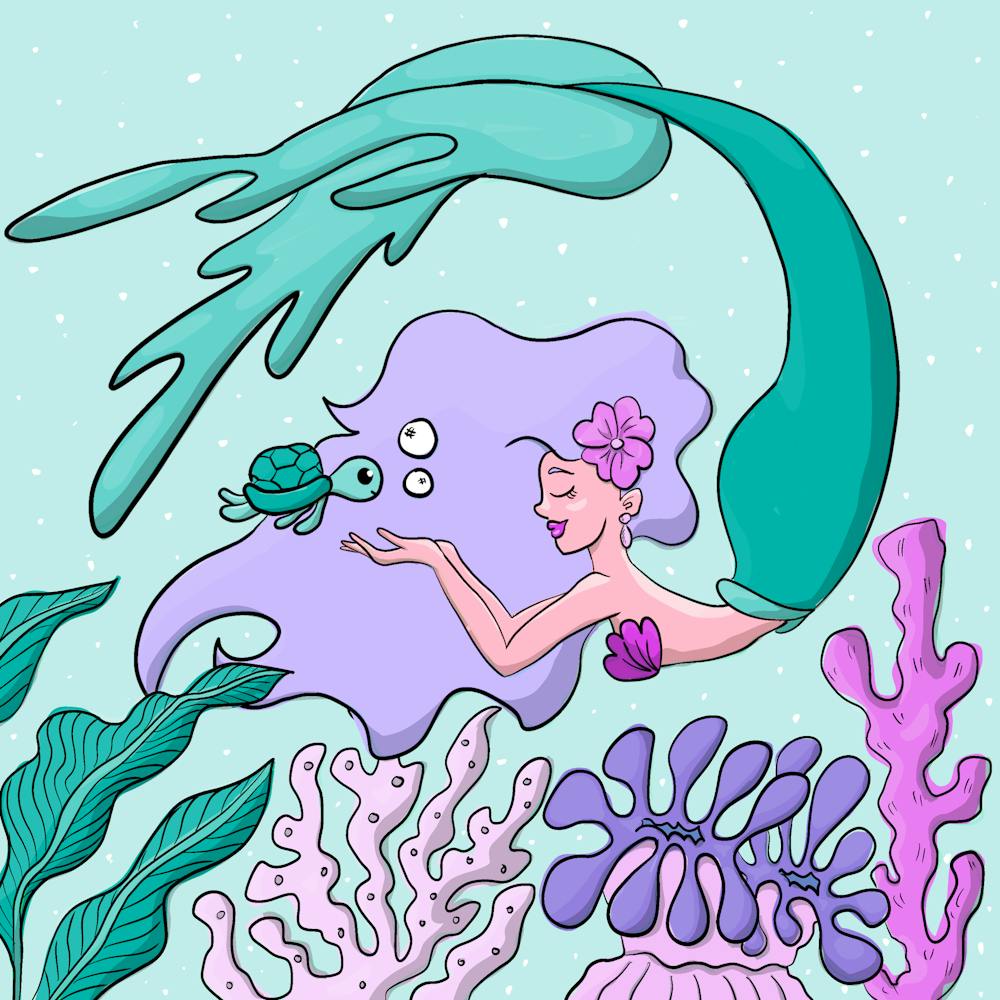 Purple hair Mermaid in aquamarine tones