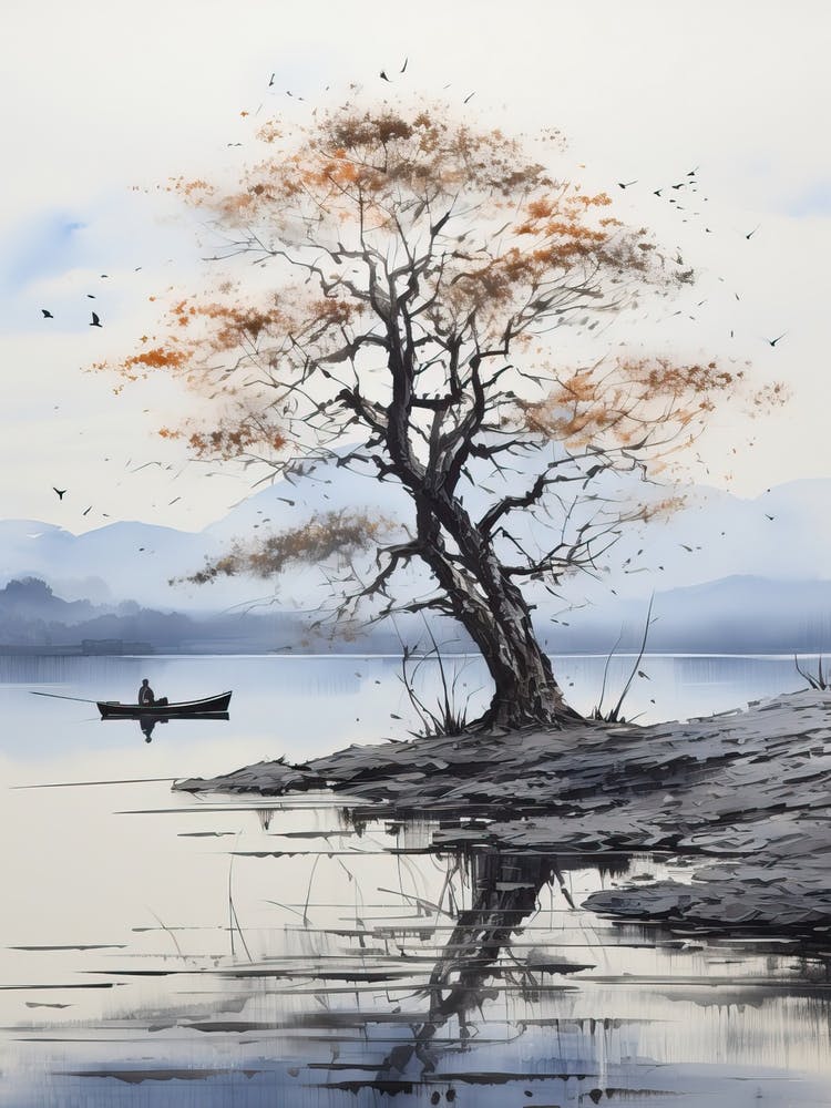 Lake Biwa In Shiga, Japanese Brush Painting, Ukiyo E, Minimal 4