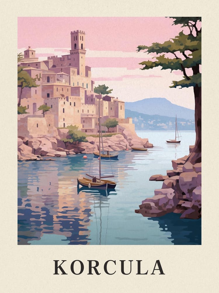 Korcula Croatia 4 Vintage Pink Travel Illustration Poster