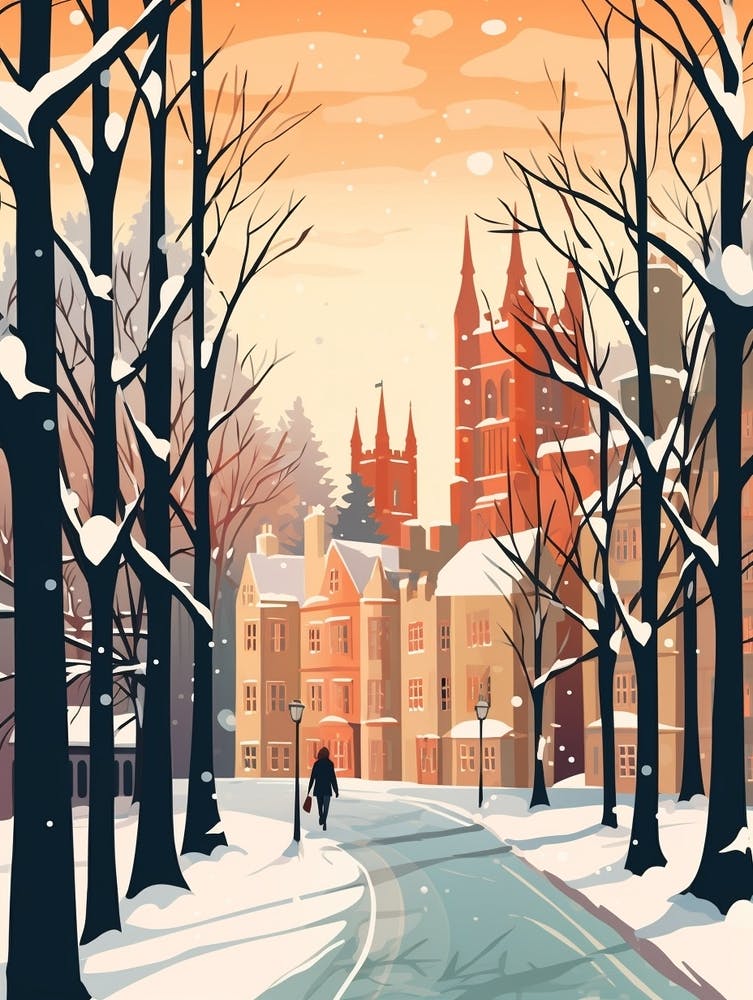 Vintage Winter Travel Illustration Cambridge United Kingdom 1