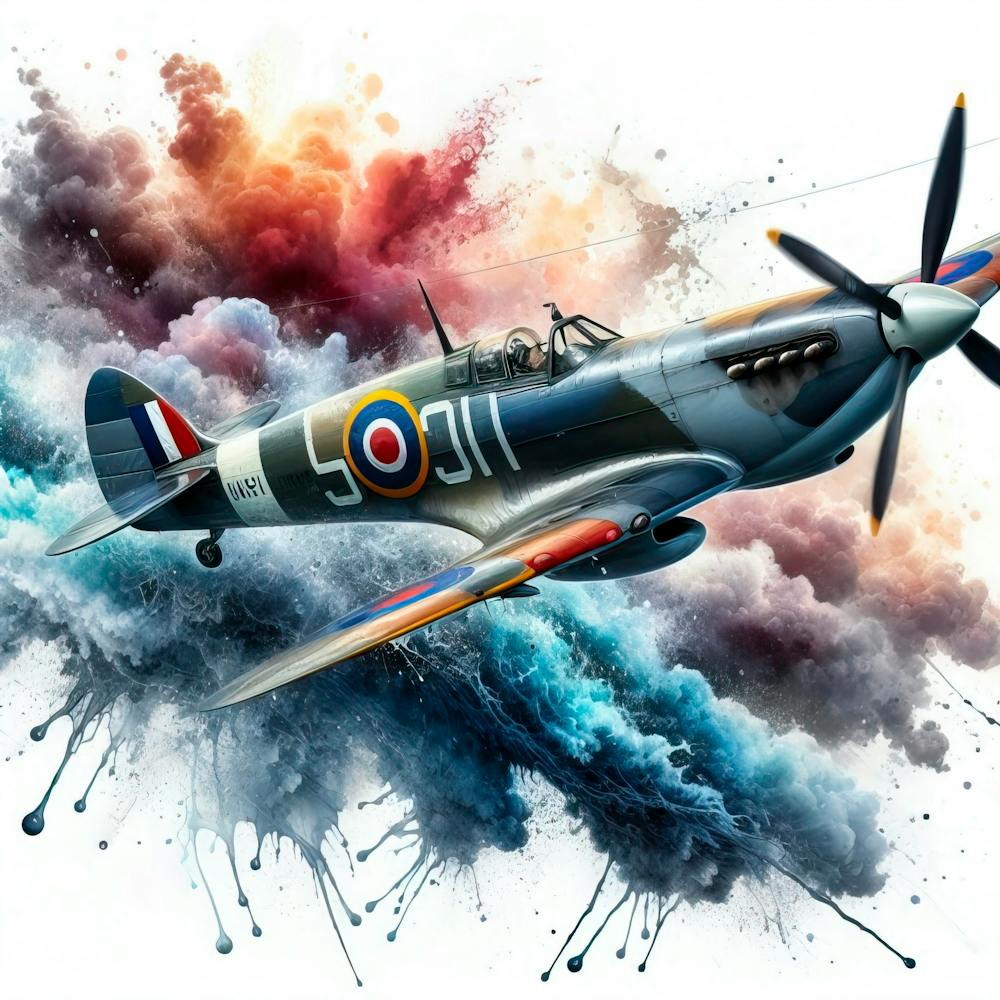 Spitfire At Full Speed Drawn In Watercolor With Splashes 1