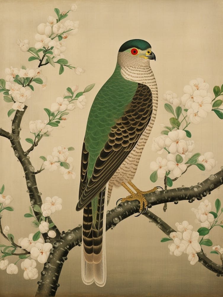 Ohara Koson Inspired Bird Painting Eurasian Sparrowhawk 4