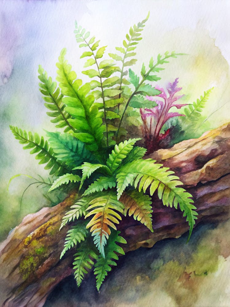 2 Exotic Tropical Ferns Growing On Mossy Logs (1)
