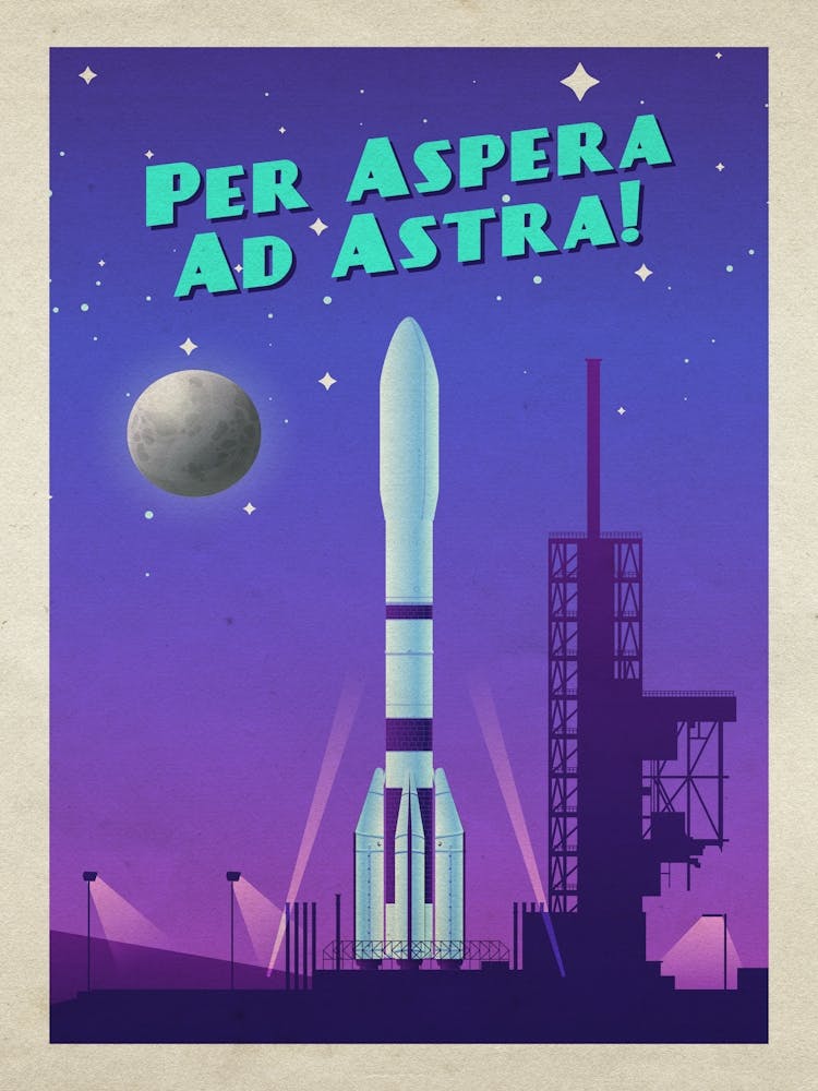 Per Aspera Ad Astra!, ESA Ariane 6 — Vintage retro space poster