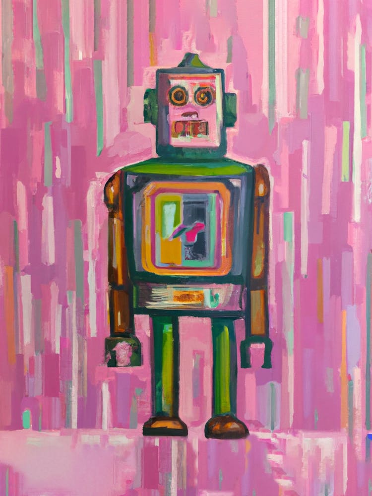 Retro Tin Robot Green Pink Oil Painting