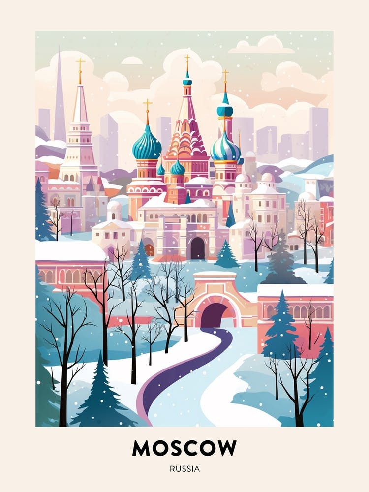 Vintage Winter Travel Poster Moscow Russia 1