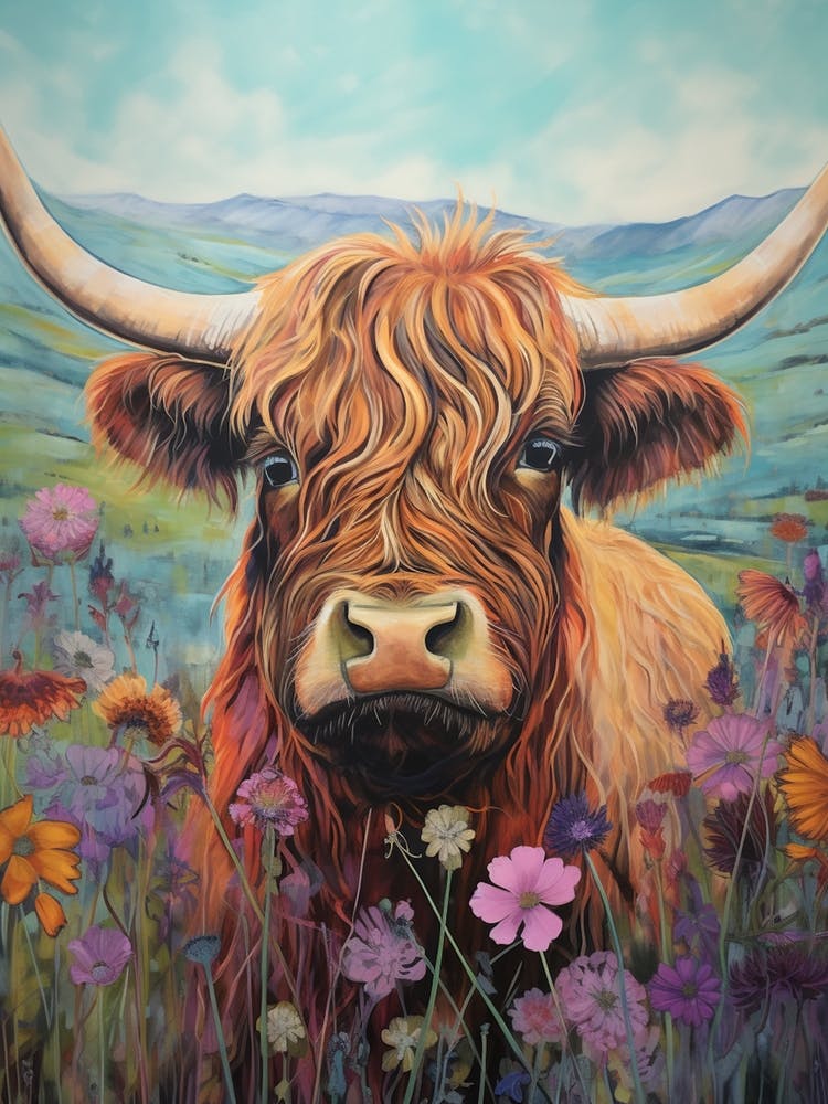 Floral Portrait Painting Style Of Highland Cow 4
