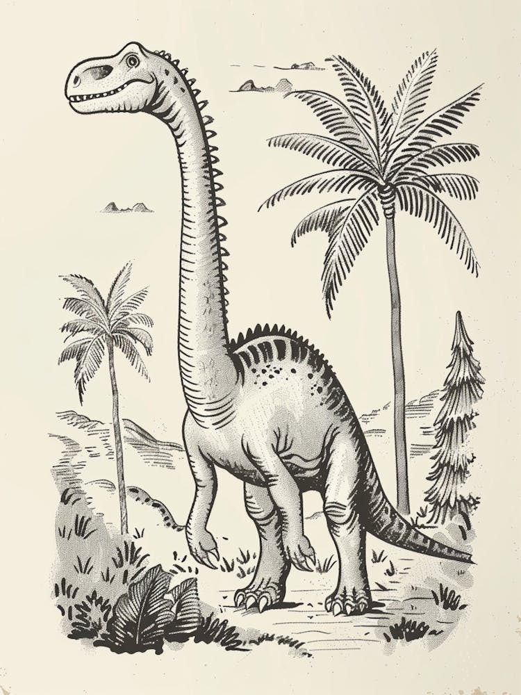 Cute Spikey Dinosaur Black & White Illustration