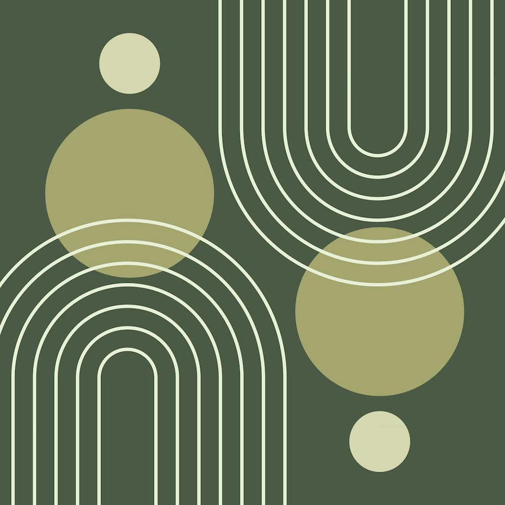 Mid Century Modern Geometric Rainbow and Sun Abstract Line  Art Circle Shapes  in Forest Sage Green 1
