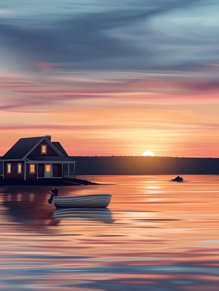 House On The Lake At Sunset