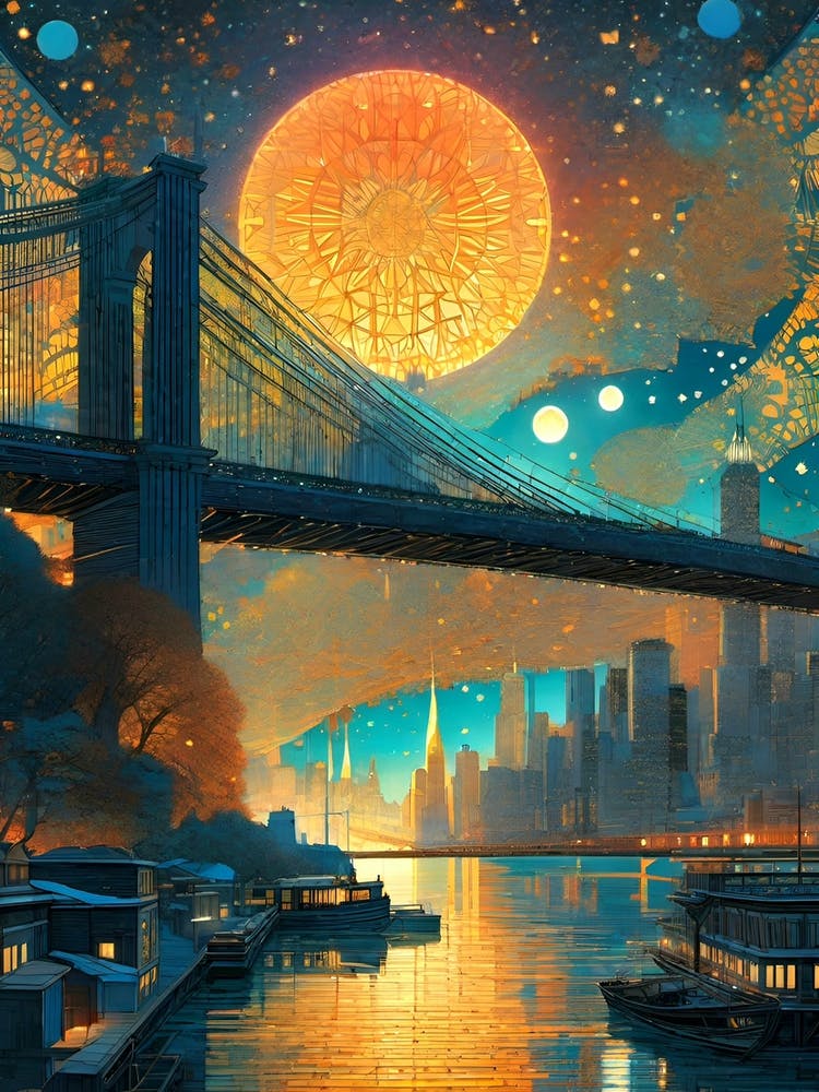 Brooklyn Bridge - Iconic New York Trippy Abstract Cityscape Iconic Wall Decor Visionary Psychedelic Fractals Fantasy Art Cool Full Moon Third Eye Space Sci-fi Awesome Futuristic Ancient Paintings For Your Home Gift For Him
