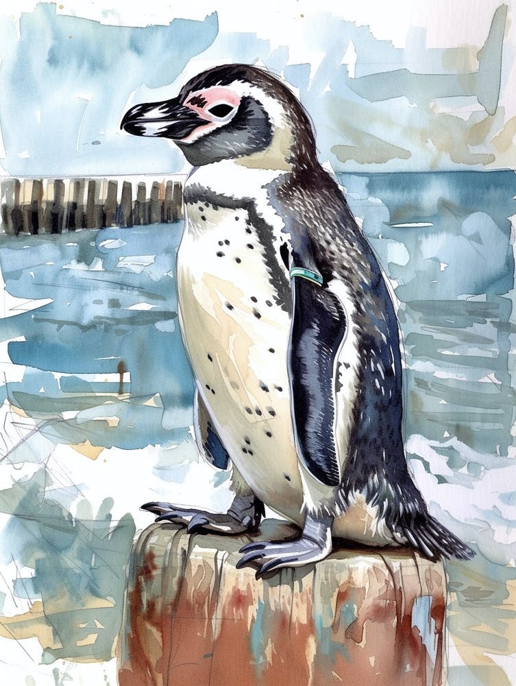 Humboldt Penguin Breakwater Watercolour Painting 1