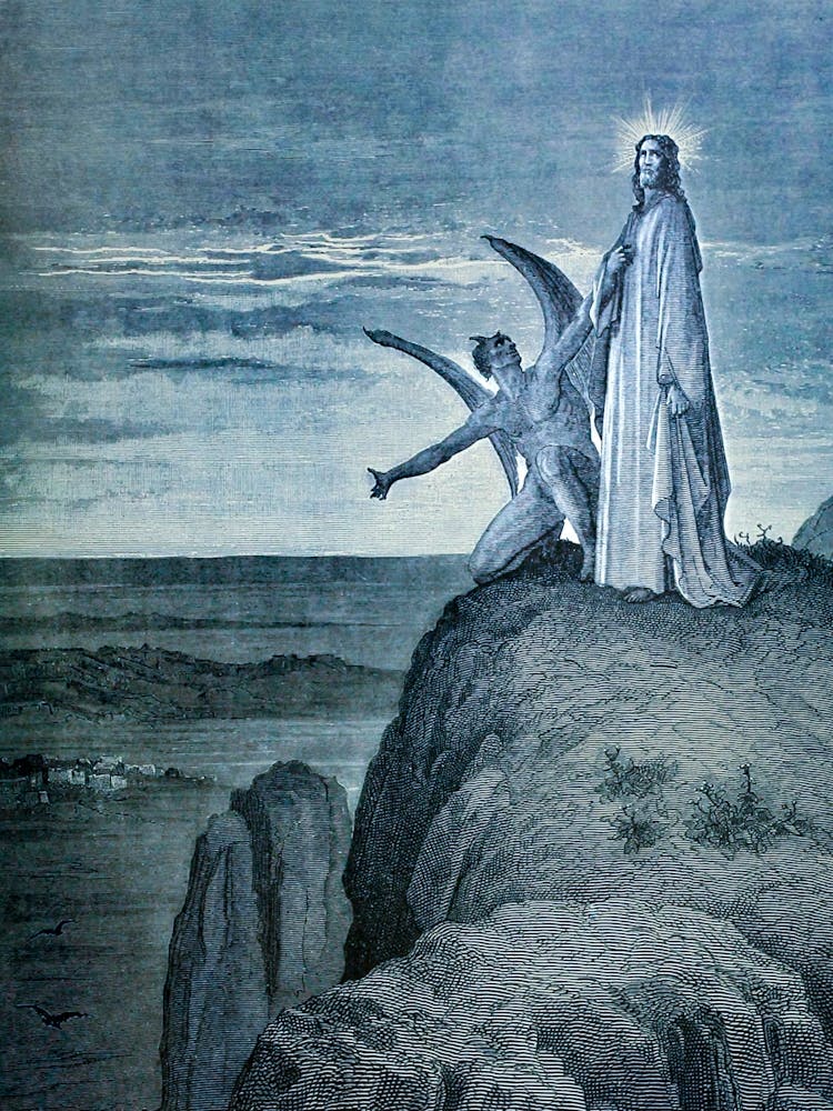 The Temptation of Jesus ~ Gustav Doré - Jesus and Satan on the Mountain Biblical Gothic 1891 Engraving in Full Color HD