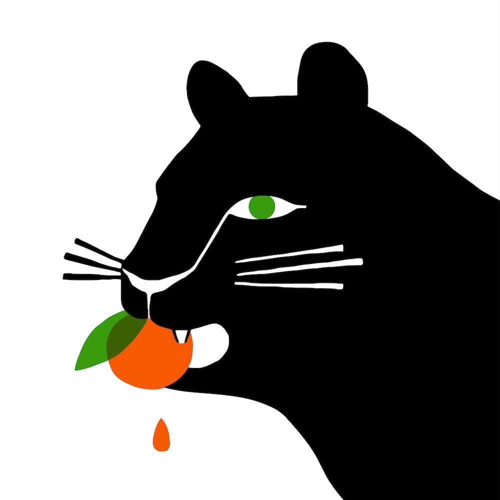 Großkatze isst ein oranges Quadrat
