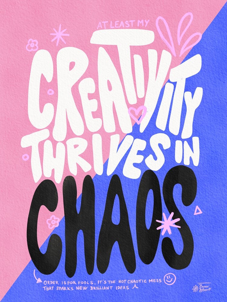 Kreativität ist Chaos - Pink Blau Schriftzug
