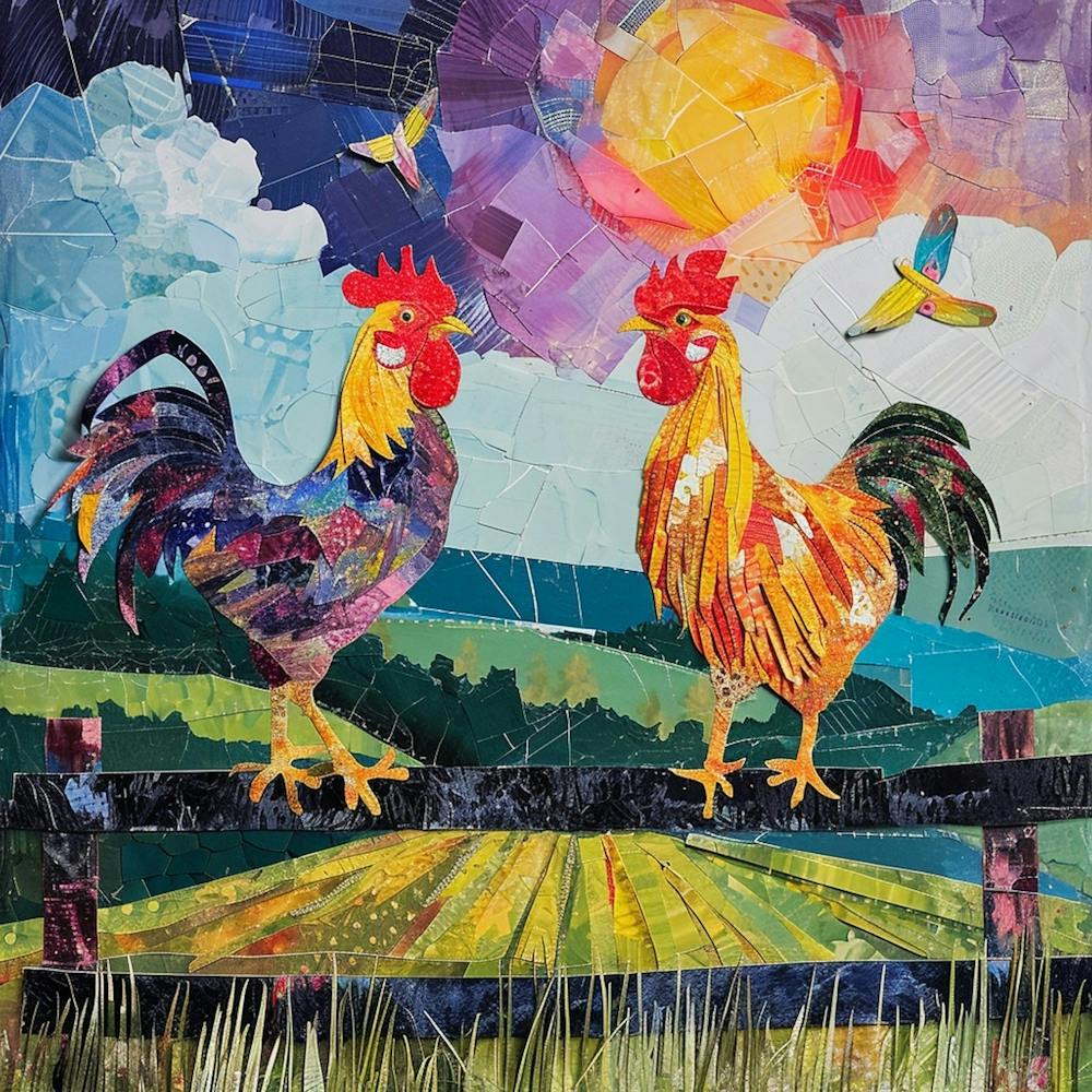Coq Kitsch Sur La Clôture - Collage 1