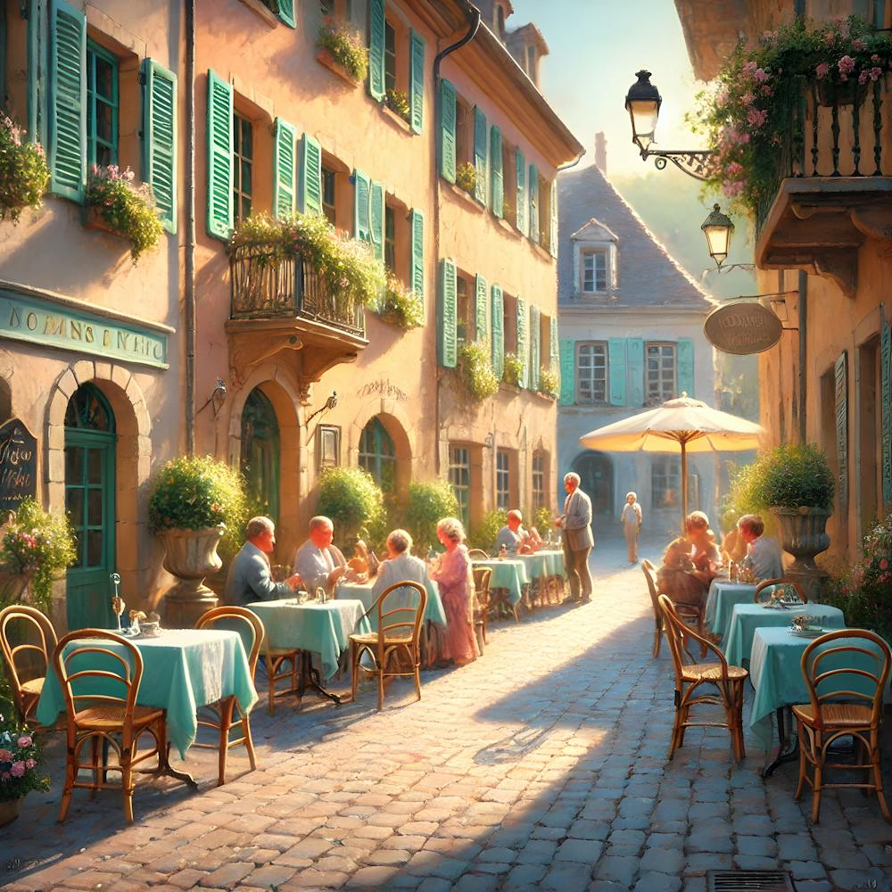 Romantic European Café Scene with Cobblestone Streets – Quiet Outdoor Ambiance
