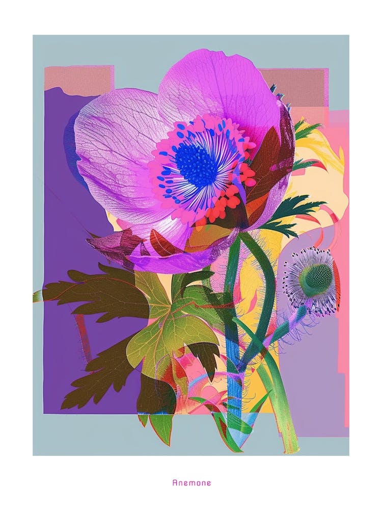 Anemone 1 Neon Flower Collage Poster