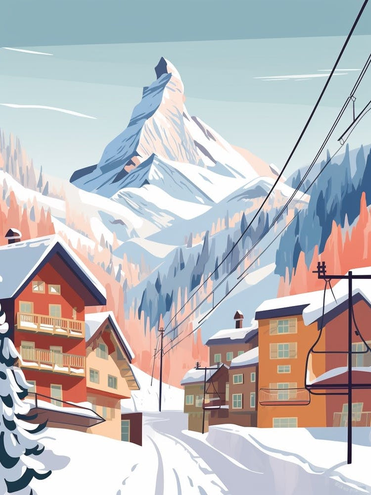 Vintage Winter Travel Illustration Zermatt Switzerland 1