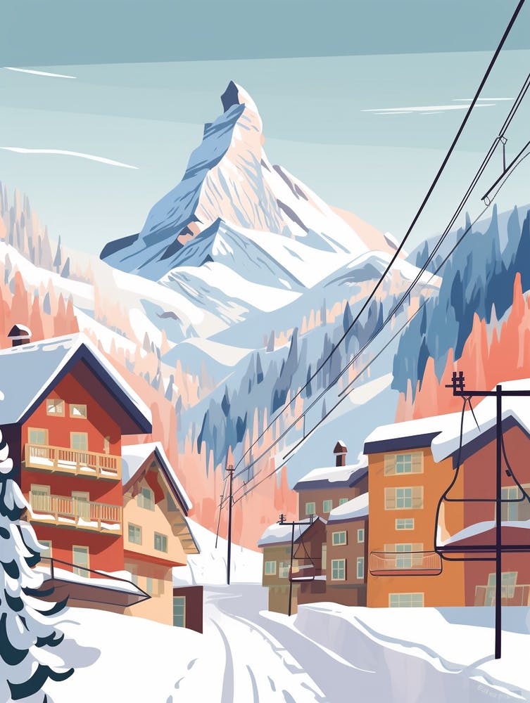 Vintage Winter Travel Illustration Zermatt Switzerland 1