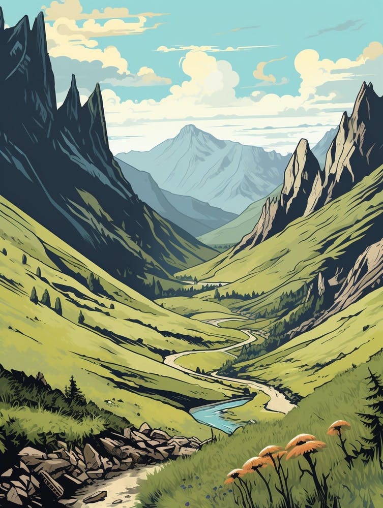 Mestia To Ushguli Trail Georgia 2 Vintage Travel Illustration