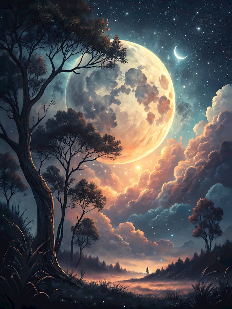 Paysage Nocturne au Clair de Lune Éthéré Pleine Lune avec Arbres, Style Peinture à l'Huile