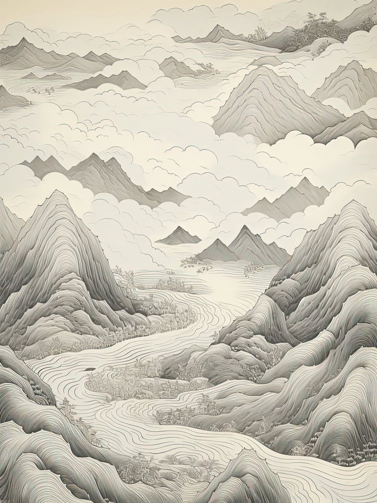 Chugoku Mountains In Multiple Prefectures, Ukiyo E Black And White Line Art Drawing 1