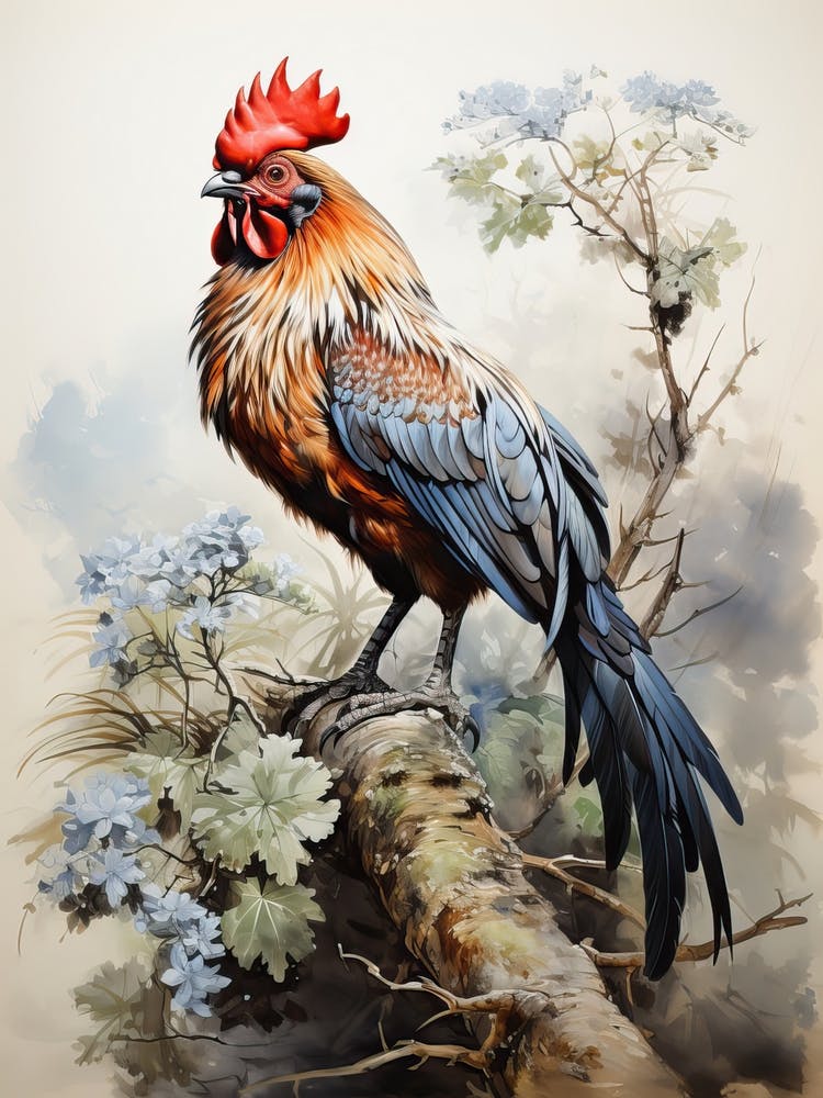 Rooster, Japanese Brush Painting, Ukiyo E, Minimal 1