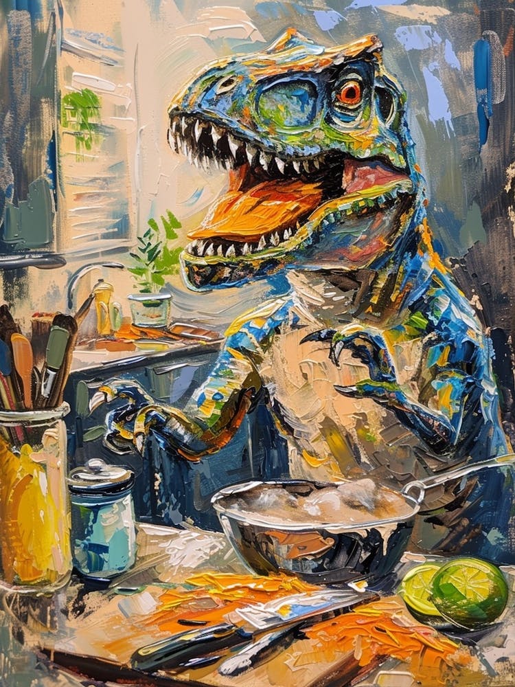 Dinosaur Cooking In The Kitchen - Coups de Pinceau Bleus 4