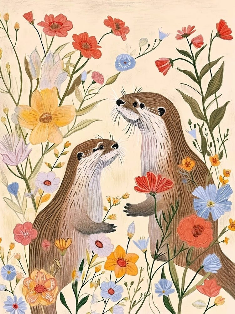 Folksy Floral Animal Drawing Otter 3