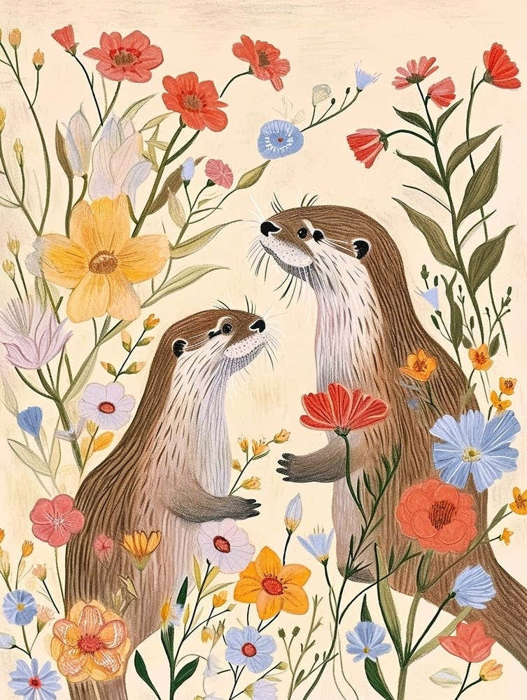 Folksy Floral Animal Drawing Otter 3