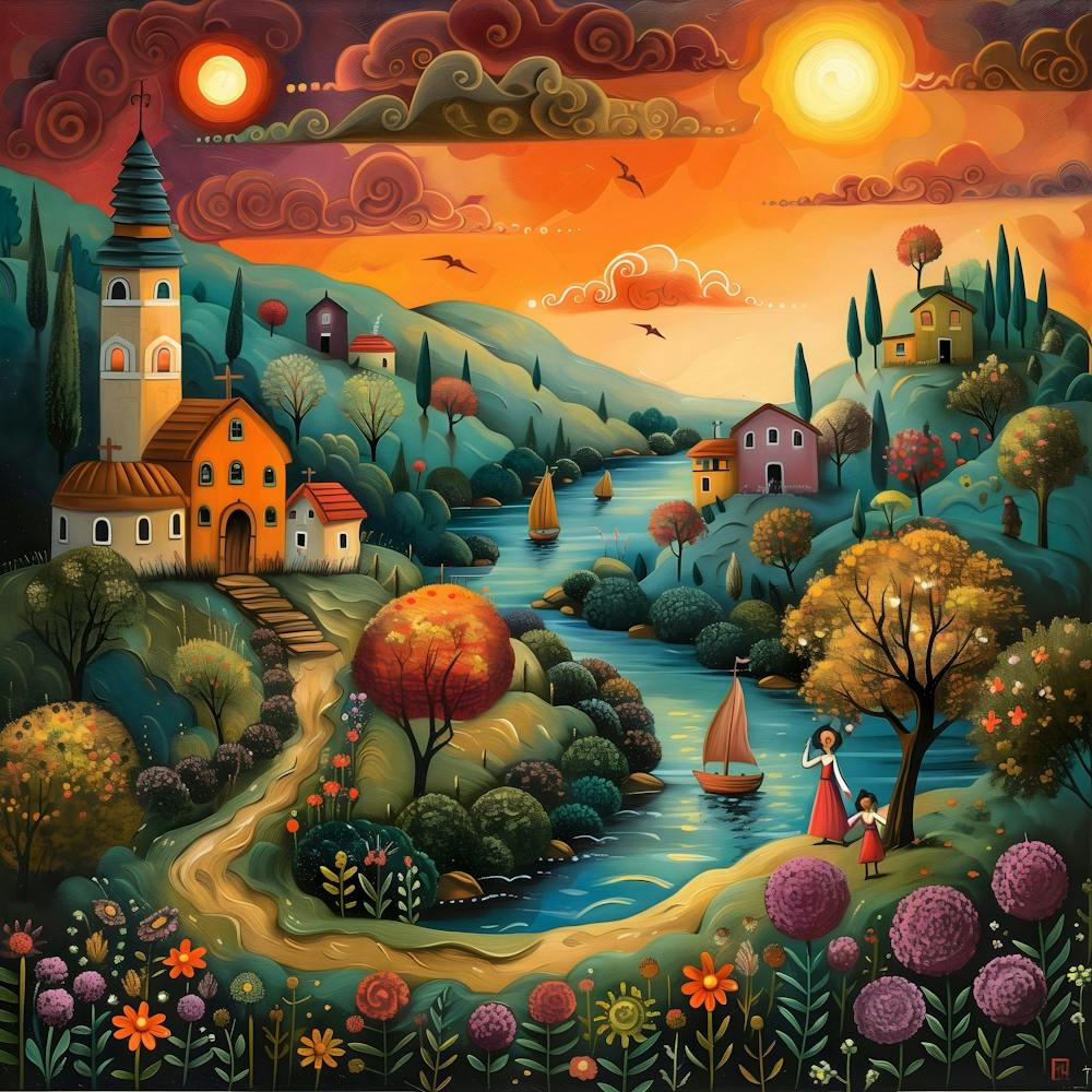 Sunset In The Village, Naive, Whimsical, Folk