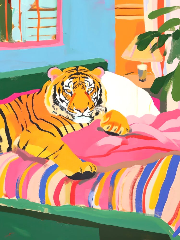 Impression Tigre Art Mural Maximaliste Chambre Rose Dopamine Kitsch