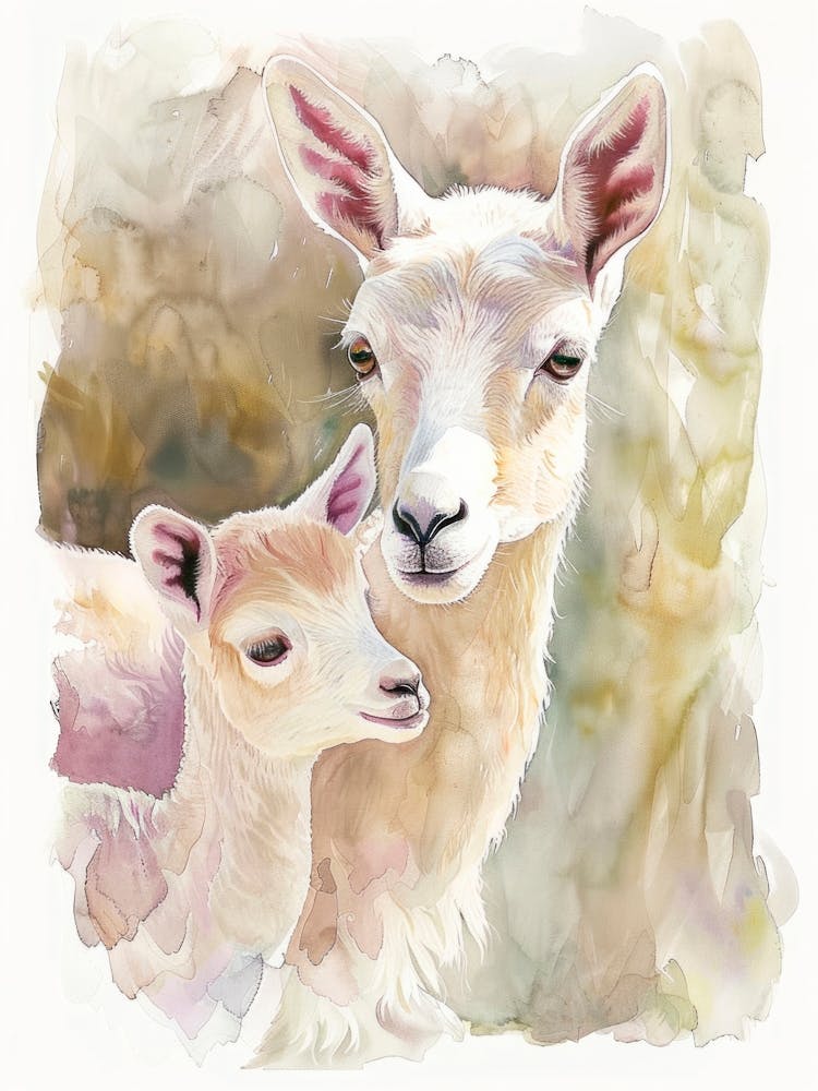 Llama Mama and her Baby. Watercolor Vintage Illustration, Kids Room