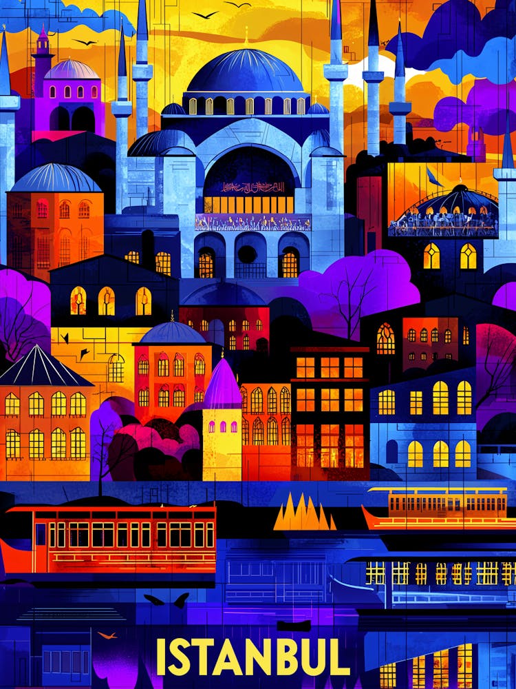 Istanbul Geometric Sunset – Colorful Cityscape Art Poster
