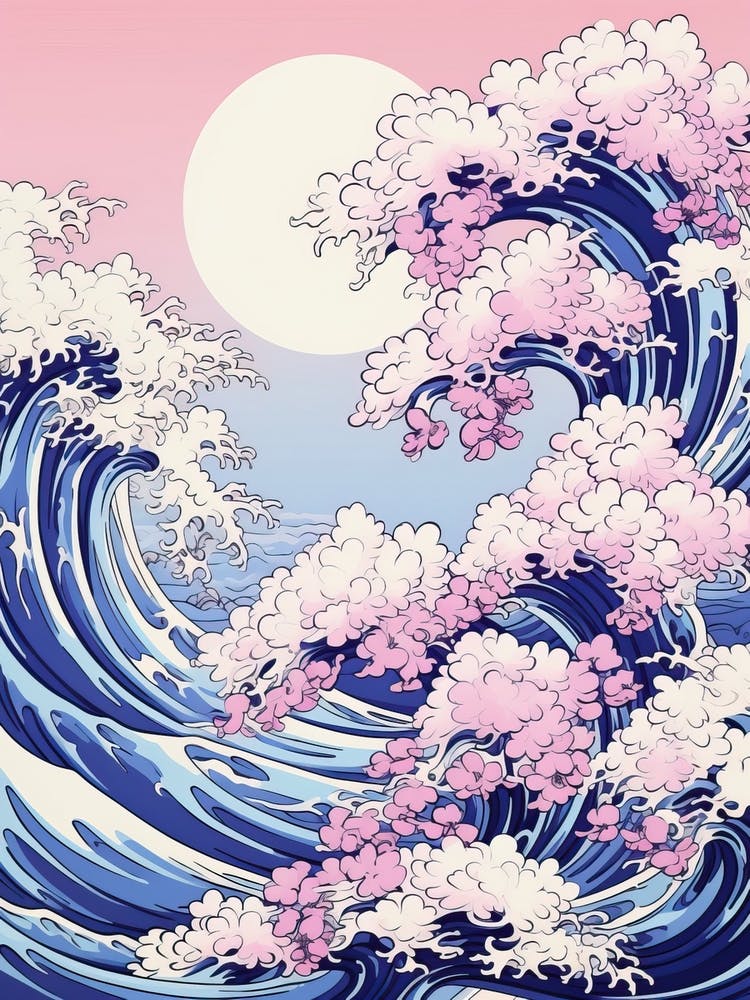 Great Wave With Lavender Flower Drawing In The Style Of Ukiyo E 2