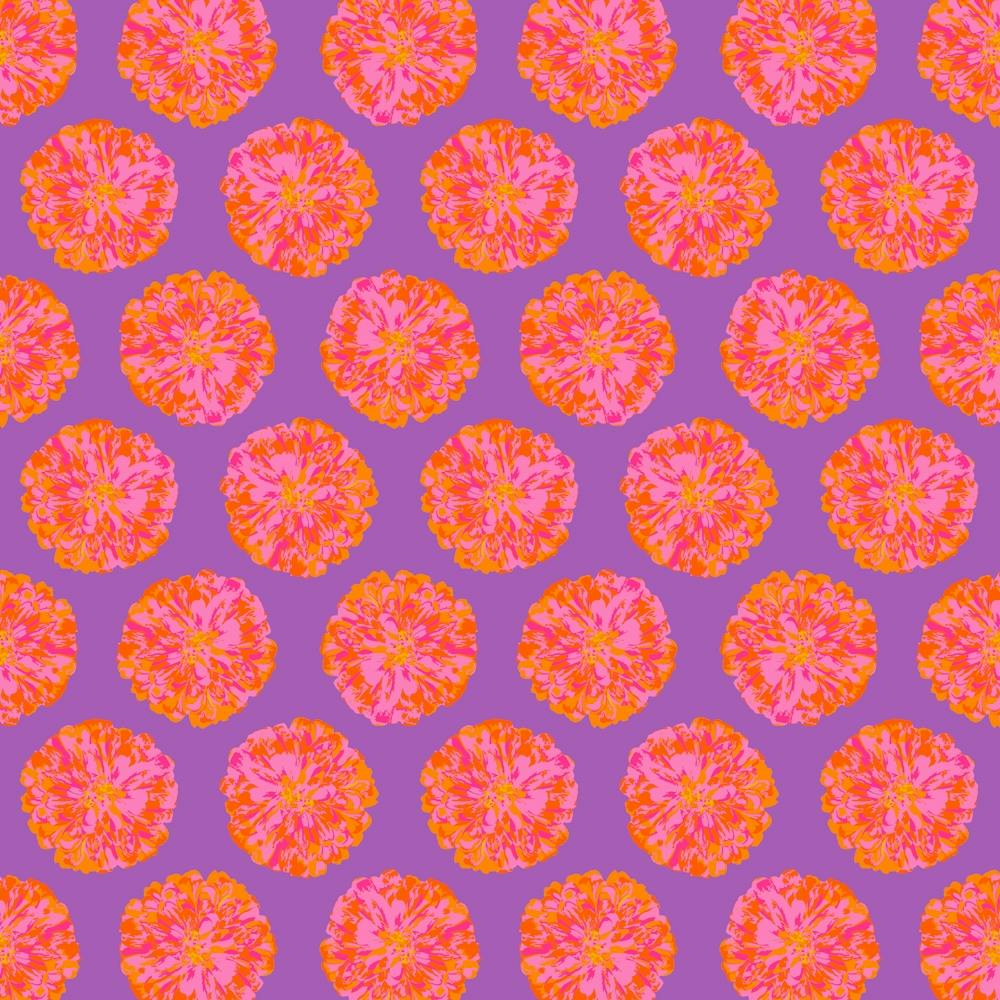 CHRYSANTHEMUMS Multi Abstract Polka Dot Floral Summer Bright Flowers in Fuchsia Pink Orange Yellow on Violet Purple