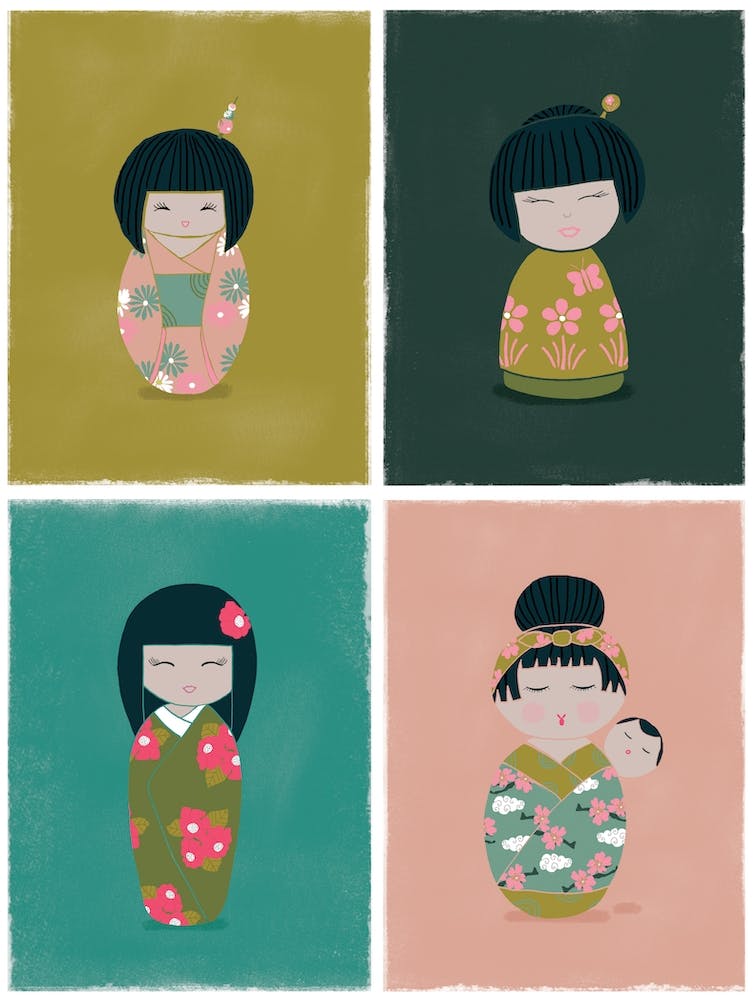 Kokeshi Dolls Teal Pink