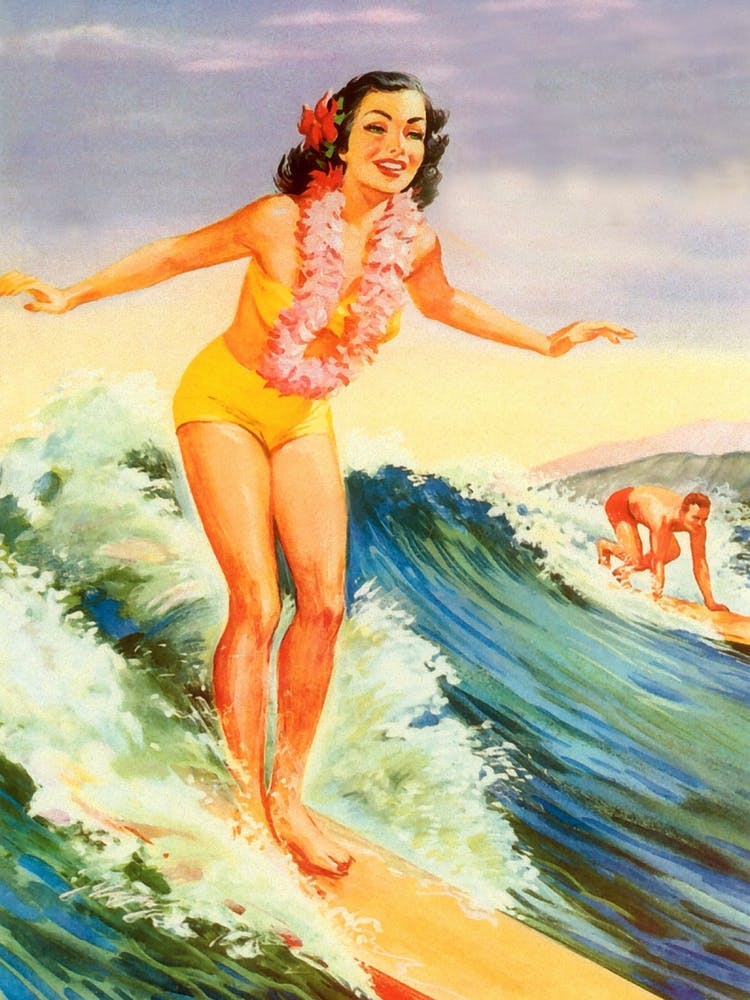 Hawaii, Pinup Girl Surfing On A Big Wave