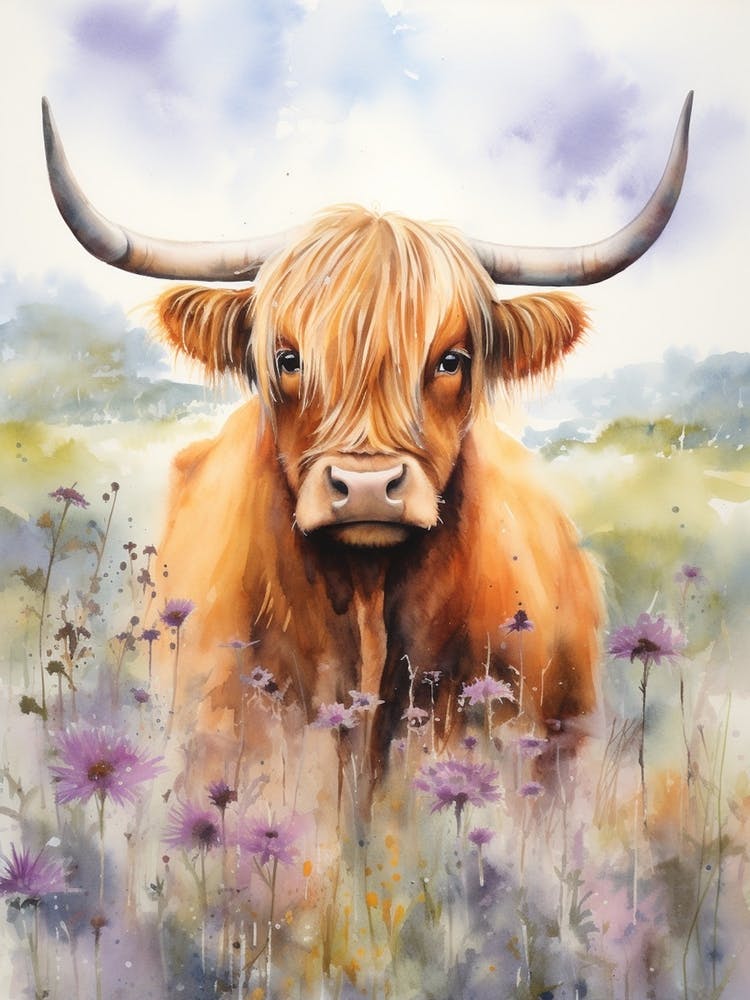 Lilac Watercolour Of Highland Cow 3