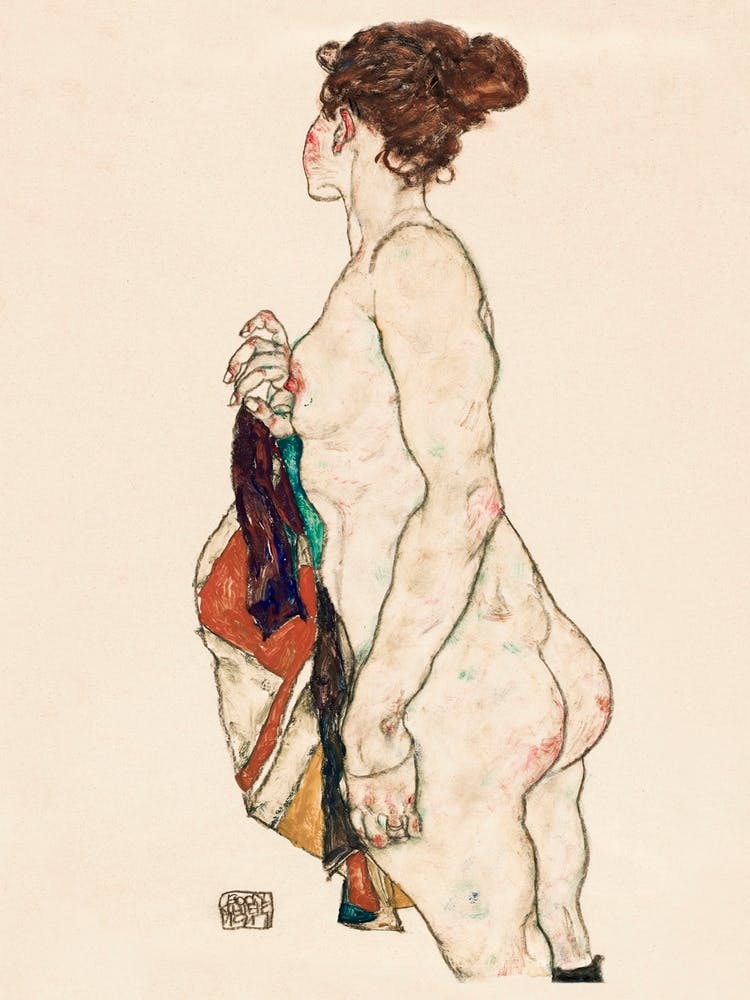 Femme Nue Debout avec une Robe à Motifs (1917), Egon Schiele