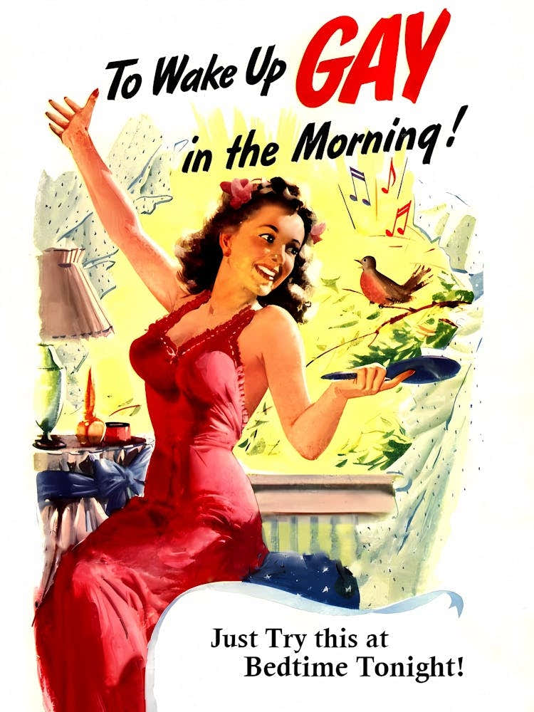 Wake Up Gay In The Morning, Happy Woman and a Singing Bird, Vintage Advertisement