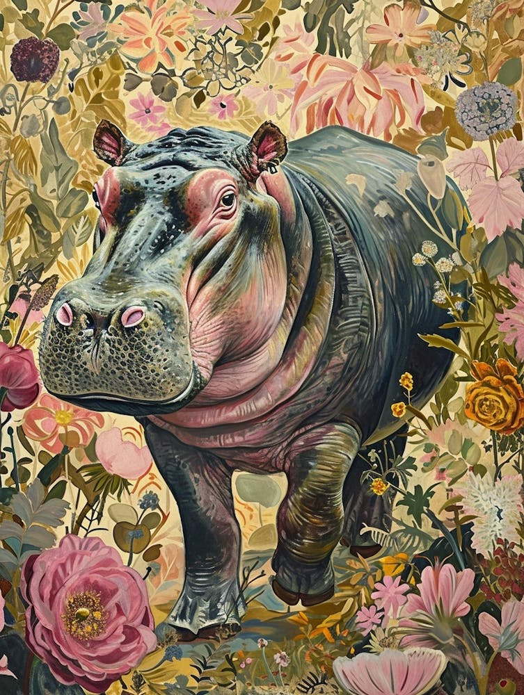 Floral Animal Painting Hippopotamus 1