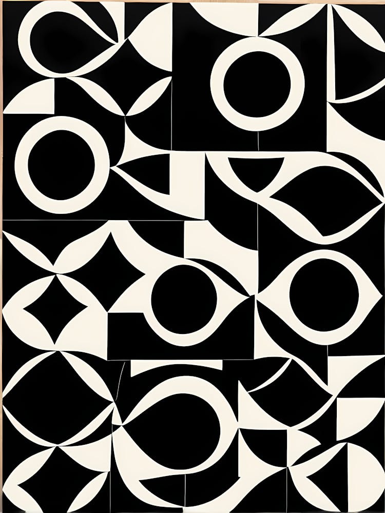Mid Century Inspired Linocut, Black And White Colors Minimal , 102