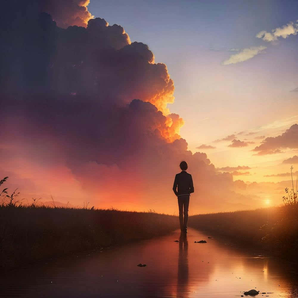Person Standing In Puddle At Sunset