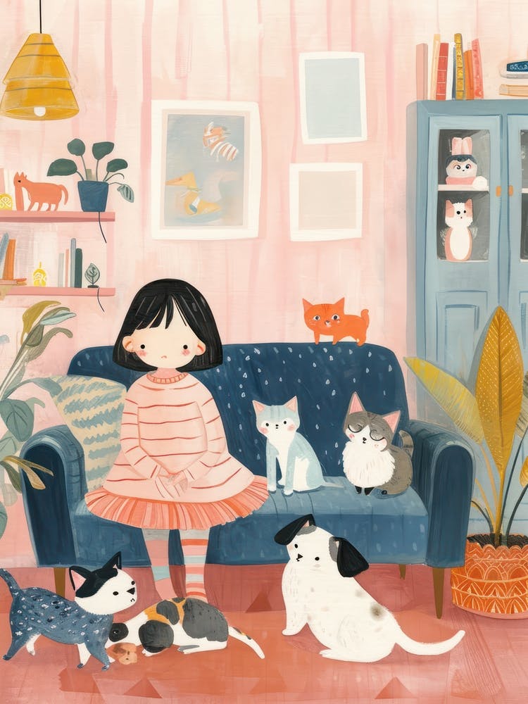 Girl Cat Lover Lo Fi Kawaii Illustration 3