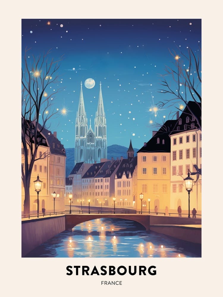Winter Night  Travel Poster Strasbourg France 1