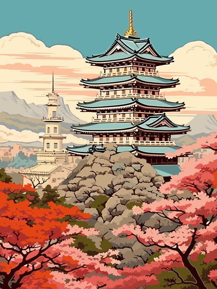 Himeji Castle, Japan Vintage Travel Art 4